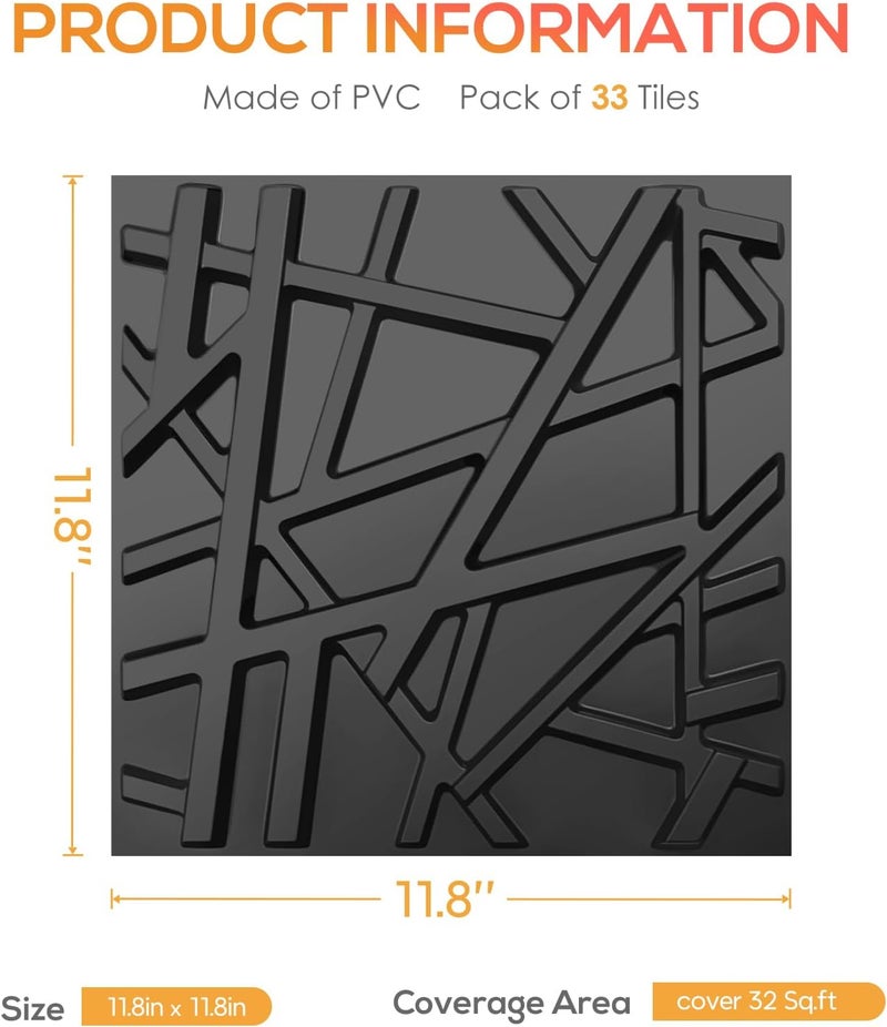 LEVOWAY 33 Pack 3D Wall Panels for Interior Wall Decor, 12''x12'' Black Accent Textured Wall Panels, Wall Covering Panles for Living Room, Gaming Room, TV Background, Cover 32 Sq.Ft - Image 5